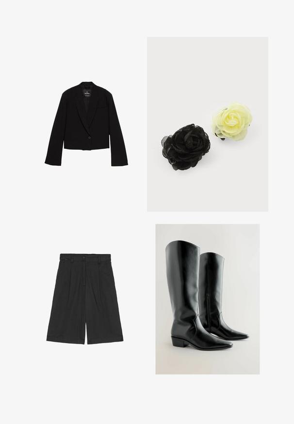 Kurzes schwarzes Blazer aus glattem Stoff, mit einem einzelnen Knopfverschluss, Reverskragen und einer Brusttasche in minimalistischer Gestaltung.; Schwarzes kurzärmliges T-Shirt aus glattem Stoff. Mit Rundhalsausschnitt und einer lockeren Passform sowie einem geraden Saum.; Schwarze Leinen-Shorts mit lockerer Passform, flachem Bund, zwei seitlichen Taschen und einem Knopfverschluss an der Taille.; Schwarze knielange Stiefel aus glänzendem Kunstleder. Spitz zulaufende Zehen mit niedrigem Blockabsatz und einem seitlichen Reißverschluss für einfaches An- und Ausziehen. Glatte Textur.; Zwei Haarklemmen in Rosenform: eine schwarze und eine blassgelbe, aus zartem, geschichtetem Stoff mit matter Oberfläche.
