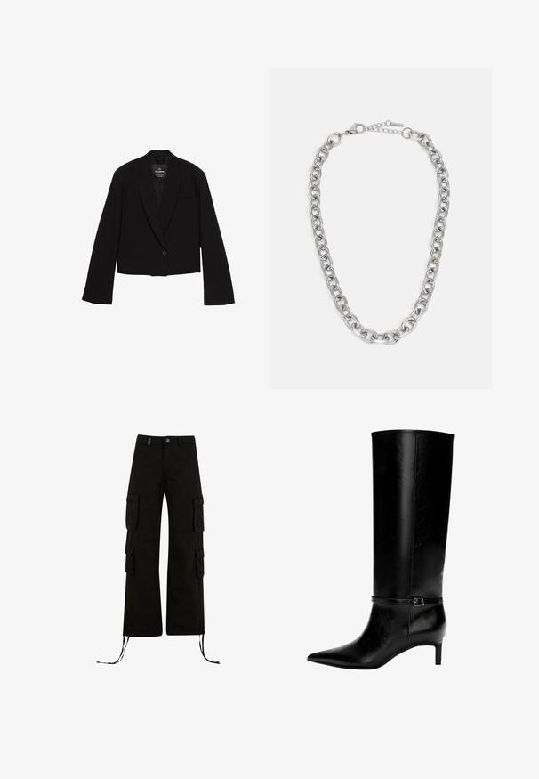 Cropped black blazer made of smooth fabric, featuring a single button closure, notched lapels, and a chest pocket with a minimalist design.; Black tank top made of cotton, featuring a round neckline and wide armholes. Smooth texture with stitched hems. Classic, minimalist design.; Black cargo pants with a relaxed fit, featuring cargo pockets on the sides, drawstring hems, and a button closure at the waist.; Black leather knee-high boot with pointed toe and a small heel. Features a narrow strap with a metallic buckle around the ankle. Smooth texture.; Silver-tone chain necklace with oval links and a lobster clasp, laid flat on a white background.