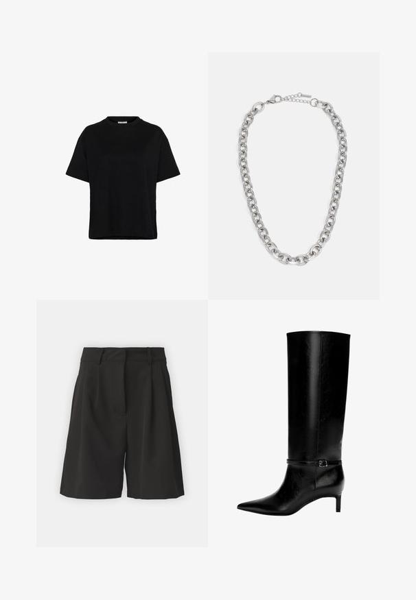 Blazer nero accorciato realizzato in tessuto liscio, dotato di chiusura a un bottone, rever a punta e taschino sul petto con design minimalista.; T-shirt nera a maniche corte in cotone, con scollo a girocollo, vestibilità rilassata e fessure laterali all'orlo per una maggiore libertà di movimento.; Pantaloni corti neri con un design sartoriale, dotati di pieghe sul davanti, una vita larga e una texture liscia. Nessuna tasca visibile.; Stivale in pelle nera alto fino al ginocchio con punta appuntita e tacco basso. Presenta una cinghia sottile con una fibbia metallica attorno alla caviglia. Texture liscia.; Collana in metallo argentato con maglie ovali e chiusura a moschettone, adagiata su uno sfondo bianco.