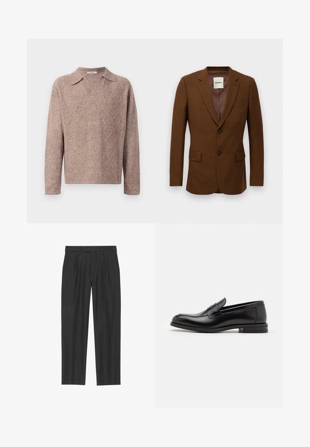 Bruine op maat gemaakte blazer met notch revers, twee knopen, klepzakken en een borstzakje, gelabeld "Sandro" aan de binnenkant van de kraag.; Bruine gebreide trui met een V-hals en puntige kraag. Bevat een ruitpatroon en lange mouwen, gemaakt van een zachte, gestructureerde stof.; Zwarte geplisseerde broeken van een soepele stof; voorzien van een tailleband met riemlussen en een recht gesneden pijp. Minimalistisch ontwerp zonder patronen.; Zwarte leren instappers met een gladde textuur, ronde neus en een decoratieve band over de wreef. Lage, gestapelde hak en minimalistisch ontwerp.