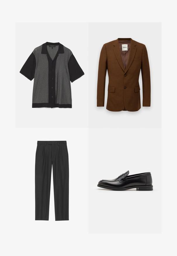 Brun skræddersyet blazer med notch-lapper, to knapper, klaplommer og en brystlomme, mærket "Sandro" inden i kraven.; Sort og grå kortærmet skjorte med et lodret stribet mønster, knapfront og krave. Fremstillet af blødt strikstof.; Sorte plisserede bukser lavet af et glat stof; har en talje med bæltesløjfer og en lige benpasform. Minimalistisk design uden mønstre.; Sorte læderloafers med en glat overflade, rund tå og en dekorativ strop over vampen. Lav hæl med stabeldesign, minimalistisk stil.