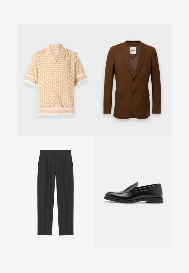 Bruine op maat gemaakte blazer met notch revers, twee knopen, klepzakken en een borstzakje, gelabeld "Sandro" aan de binnenkant van de kraag.; Korte mouwen shirt in lichtgeel met een geometrisch patroon in crème. Beschikt over een knoopsluiting aan de voorkant en contrasterende, met patronen versierde mouwen en zoom.; Zwarte geplisseerde broeken van een soepele stof; voorzien van een tailleband met riemlussen en een recht gesneden pijp. Minimalistisch ontwerp zonder patronen.; Zwarte leren instappers met een gladde textuur, ronde neus en een decoratieve band over de wreef. Lage, gestapelde hak en minimalistisch ontwerp.