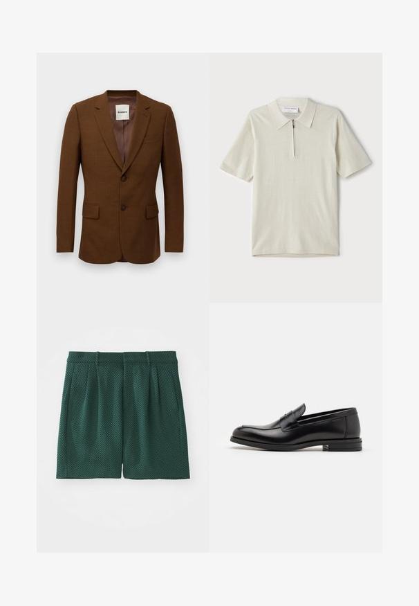 Pruun kohandatud bleiser, millel on sakilised kraed, kaks nuppu, klapiga taskud ja rinna welt-tasku, kaeluses silt "Sandro".; Lühikeste varrukatega polo särk heles beeži värviga, millel on tõmblukk kaeluses. Valmistatud siledast kangast, minimalistlik ja kaasaegne disain ilma mustriteta.; Tumed rohelised lühikesed püksid tekstureeritud kangast, millel on kalasabamuster. Omab voldikesi ja vöökohta, lõigatud põlve pikkuseks.; Mustad mustad nahast loafers sileda tekstuuriga, ümarat ninaosa ja dekoratiivne riba vampi üle. Madal kihiline konts, minimalistlik disain.