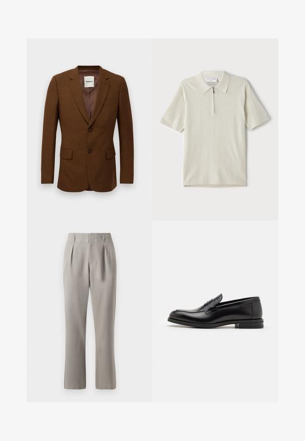 Pruun kohandatud bleiser, millel on sakilised kraed, kaks nuppu, klapiga taskud ja rinna welt-tasku, kaeluses silt "Sandro".; Lühikeste varrukatega polo särk heles beeži värviga, millel on tõmblukk kaeluses. Valmistatud siledast kangast, minimalistlik ja kaasaegne disain ilma mustriteta.; Hallid hallid püksid sujuva tekstuuriga, millel on ees voldid, vööloopid ja sirged sääred. Materjal tundub olema struktureeritud ja kergesti kandmiseks sobiv.; Mustad mustad nahast loafers sileda tekstuuriga, ümarat ninaosa ja dekoratiivne riba vampi üle. Madal kihiline konts, minimalistlik disain.