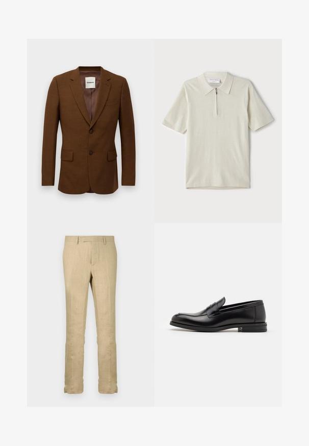Rjav krojeni blazer z notnimi klapnicami, dvema gumboma, žepoma z zloženko in žepom za prsni žep, označen z "Sandro" znotraj ovratnika.; Polo majica s kratkimi rokavi v svetlo bež barvi z zadrgo pri ovratniku. Narejena iz gladkega materiala, ima preprost, sodoben dizajn brez vzorcev.; Bežne lanene hlače, ravne noge, lahka tkanina s subtilno teksturo, z standardnim pasom in brez vidnih vzorcev.; Črne usnjene loafer čevlje z gladko teksturo, zaobljenim nosom in dekorativnim trakom čez zgornji del. Nizka zložena peta, minimalističen dizajn.