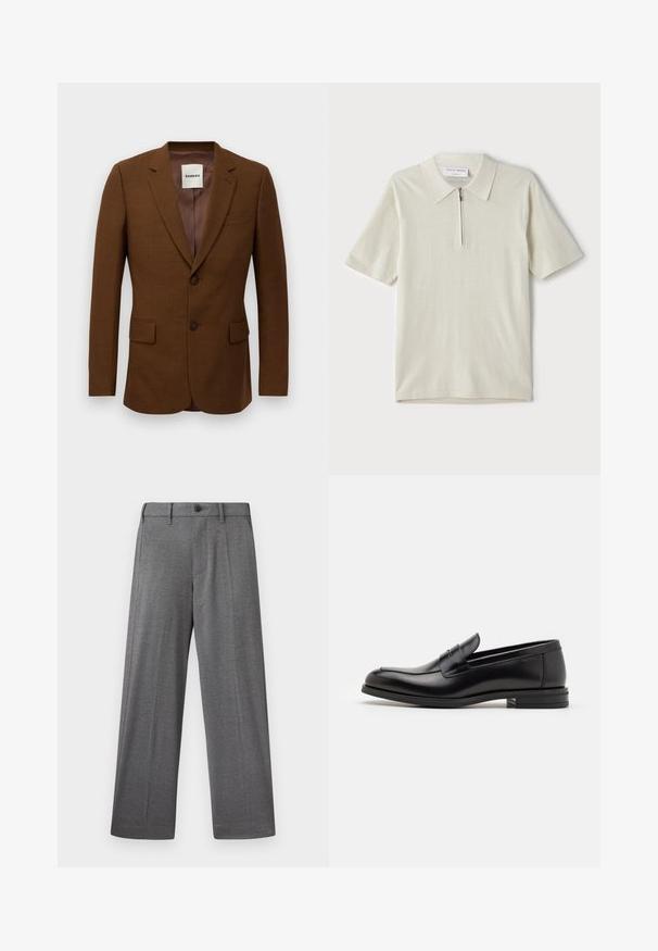Barna, testre szabott zakó, kifordított hajtókákkal, két gombbal, hajtott zsebekkel és egy mellzsebbel, a színén a "Sandro" felirattal.; Rövid ujjú, világosbézs pólóing, cipzáras gallérral. Simás anyagból készült, egyszerű, modern dizájnnal, minta nélkül.; Szürke, széles szárú nadrág texturált anyagból, gombos záródással, oldalsó zsebekkel és éles hajtásdísszel a nadrágszárakon.; Fekete bőr loaferek sima textúrával, kerek orral és dekoratív pánttal a vampnál. Alacsony, rétegelt sarkú, minimalista dizájn.