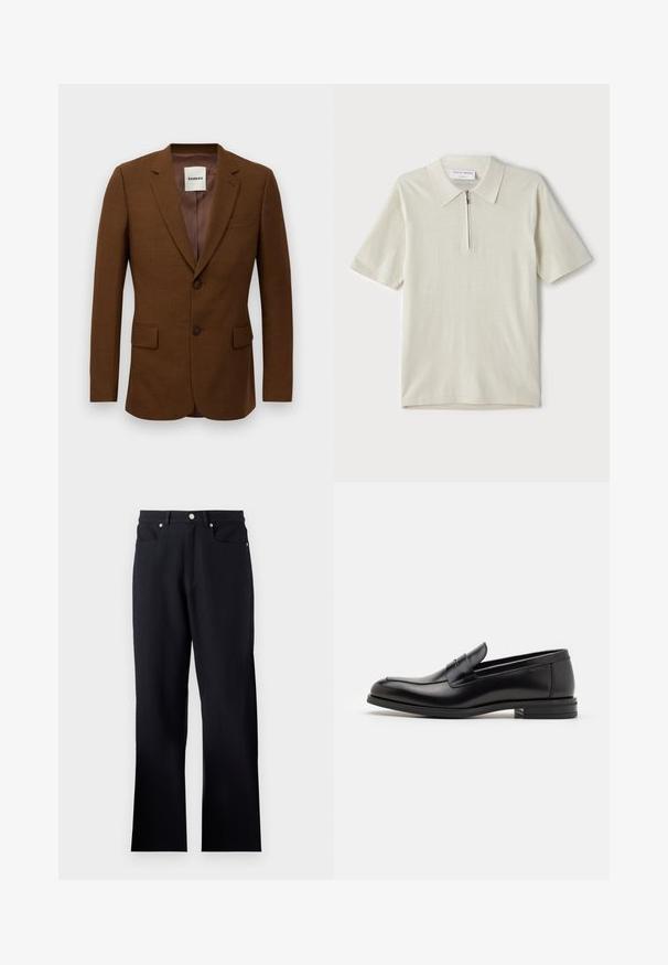 Hnědý přizpůsobený blejzr s klopami ve tvaru notche, dvěma knoflíky, klopovými kapsami a kapsou na hrudi, označený "Sandro" uvnitř límce.; Pánská polo košile s krátkým rukávem v světlé béžové barvě, s límcem na zip. Vyrobena z hladkého materiálu, s jednoduchým, moderním designem bez vzorů.; Černé kalhoty vyrobené z texturované tkaniny, s vypasovaným pasem, dvěma předními kapsami a rovnými nohavicemi. Součástí jsou akcenty ze stříbrného kovu.; Černé kožené polobotky s hladkou texturou, zaoblenou špičkou a zdobným páskem přes nárt. Nízký stohovaný podpatek, minimalistický design.