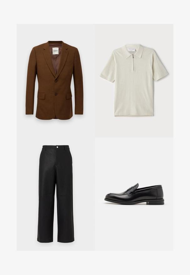 Blazer ajusté marron avec revers en dent de scie, deux boutons, poches à rabat et poche poitrine passepoilée, étiqueté "Sandro" à l'intérieur du col.; Polo à manches courtes en beige clair avec un col zippé. Fabriqué en tissu lisse, il présente un design simple et moderne sans motifs.; Pantalons larges en simili cuir noir avec une finition texturée subtile. Comprend des poches avant et une ceinture lisse avec une fermeture à bouton.; Mocassins en cuir noir avec une texture lisse, bout rond et une sangle décorative sur le dessus. Talon bas empilé, design minimaliste.