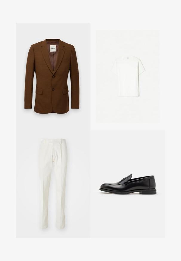 Hnedý upravený blejzer s klopami, s dvoma gombíkmi, s vreckami na klopách a s náprsním vreckom, označený "Sandro" na vnútornej strane goliera.; Biela bavlnená tričko, kulatý výstrih, krátke rukávy, voľný strih, hladká textúra, bez viditeľných vzorov alebo akcentov.; Biele nohavice vyrobené z bavlny, s rovnými nohavicami, plochým predným dielom a bez viditeľných vzorov alebo kovania. Hladká textúra.; Čierne kožené mokasíny s hladkou textúrou, zaoblenou špičkou a dekoračným pásikom cez priehlavok. Nízky vrstvený opätok, minimalistický dizajn.