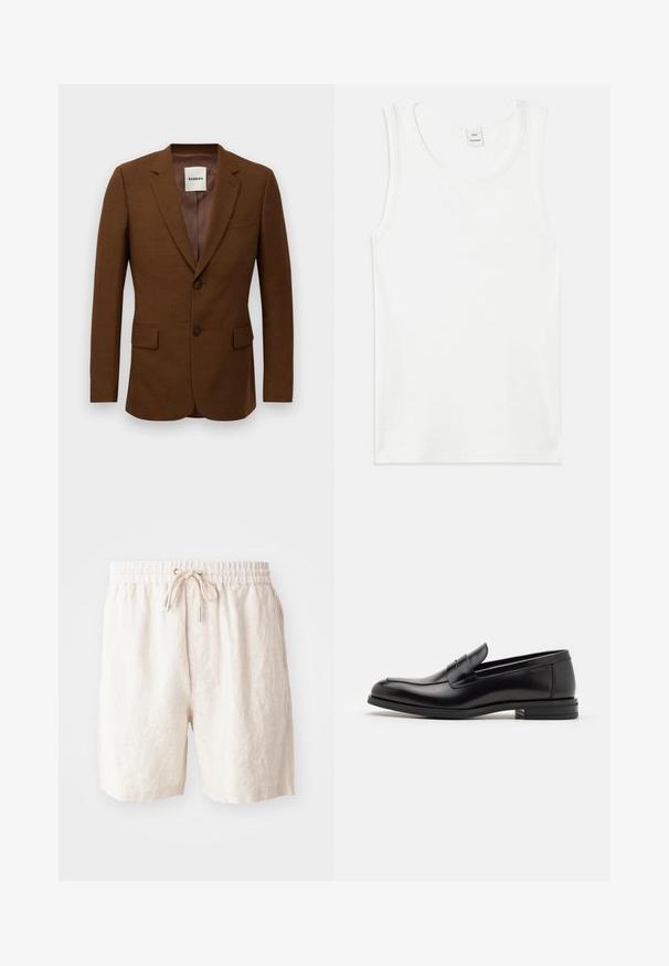 Brūns šūts žakets ar griezuma atloka kātiem, diviem pogām, kabatām ar atloku un krūšu kabatiņu, iekšējā apvalkā marķēts ar "Sandro".; Balta kokvilnas t-krekla bez piedurknēm ar apaļu izgriezumu. Gluda struktūra un taisna griezuma forma, bez rakstiem vai rotājumiem.; Beige lina šorti ar elastīgu jostu, regulējamu auklu un sānu kabatām. Mīksta faktūra ar brīvu piegulšanu.; Melnas ādas kurpes ar gludu tekstūru, noapaļu purngalu un dekoratīvu siksniņu pāri priekšpusei. Zems sakrauts papēdis, minimālisma dizains.