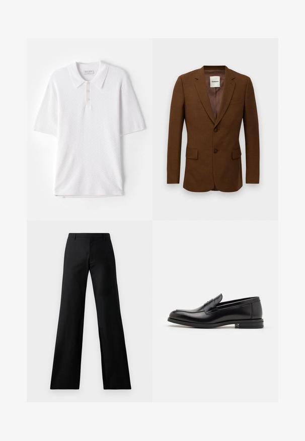 Ruskea räätälöity bleiseri, jossa on terävät läpät, kaksi nappia, läpälliset taskut ja rintatasku, jonka sisäpuolella on merkintä "Sandro".; Valkoinen polo-paita, jossa on teksturoitu ribbikangas, kauluskot ja kolme pientä etunapillista. Lyhyet hihat ja suora helma.; Mustat leveälahkeiset housut, jotka on valmistettu sileästä kankaasta. Niissä on keski-korkea vyötärö ja edessä laskokset, jotka tarjoavat räätälöidyn siluetin.; Mustat nahkakengät, joissa on sileä pinta, pyöreä kärki ja koristeellinen nauha jalkapöydän yli. Matala pinoitu koroke, minimalistinen muotoilu.