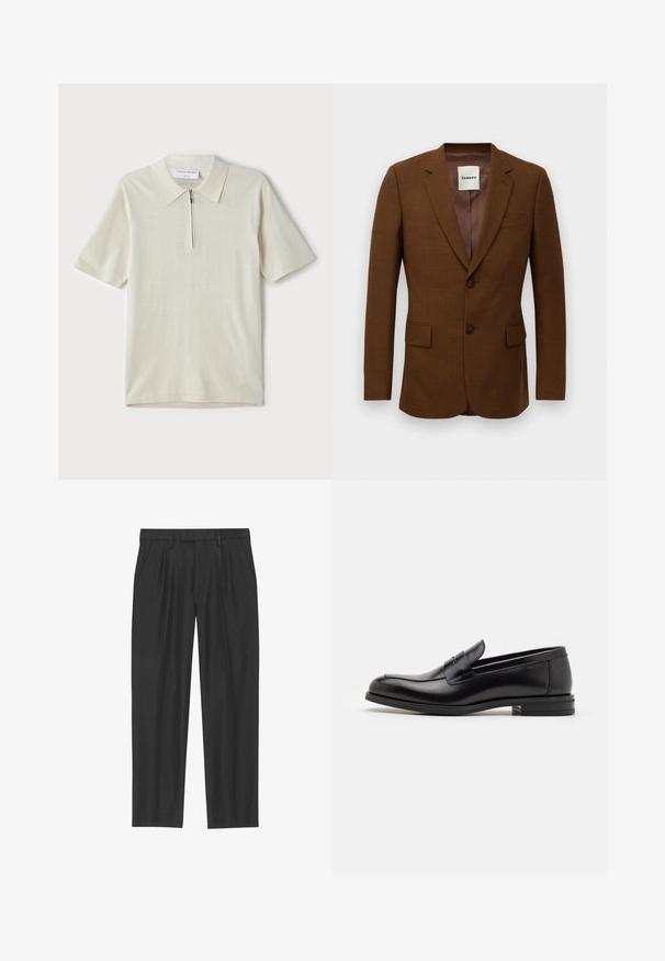 Brun skræddersyet blazer med notch-lapper, to knapper, klaplommer og en brystlomme, mærket "Sandro" inden i kraven.; Kortærmet polo shirt i lys beige med lynlås-krave. Fremstillet af glat stof, med et enkelt, moderne design uden mønstre.; Sorte plisserede bukser lavet af et glat stof; har en talje med bæltesløjfer og en lige benpasform. Minimalistisk design uden mønstre.; Sorte læderloafers med en glat overflade, rund tå og en dekorativ strop over vampen. Lav hæl med stabeldesign, minimalistisk stil.