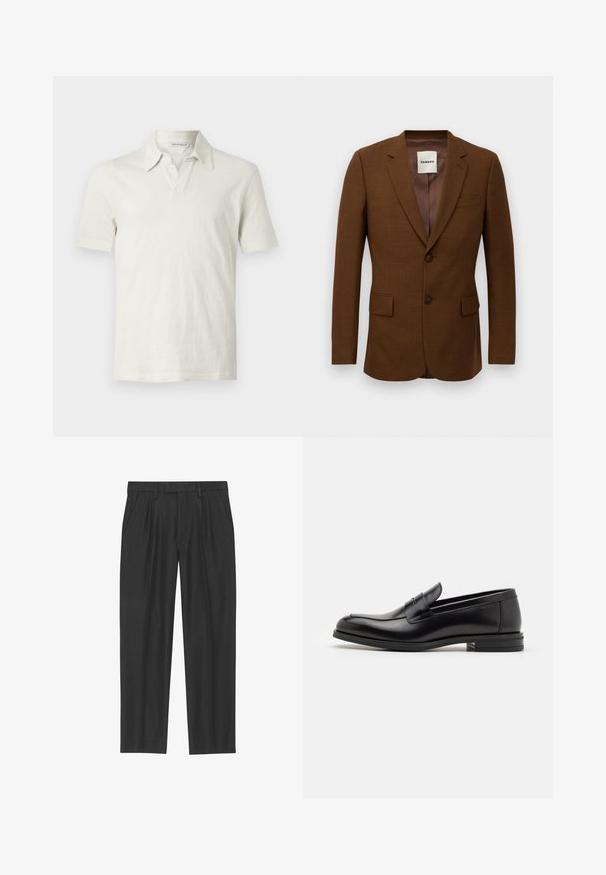 Brązowa marynarka o dopasowanym kroju z klapami, dwoma guzikami, kieszeniami typu flap oraz kieszonką piersiową, z metką "Sandro" wewnątrz kołnierza.; Jasno beżowa koszulka polo wykonana z miękkiego, teksturowanego materiału. Posiada klasyczny kołnierzyk oraz częściowe zapięcie. Krótkie rękawy o luźnym kroju.; Czarne spodnie plisowane wykonane z gładkiego materiału; posiadają pas z pętlami na pasek oraz prostą nogawkę. Minimalistyczny design bez wzorów.; Czarne skórzane mokasyny o gładkiej fakturze, zaokrąglonym nosku i dekoracyjnym pasku na przodzie. Niski, warstwowy obcas, minimalistyczny design.