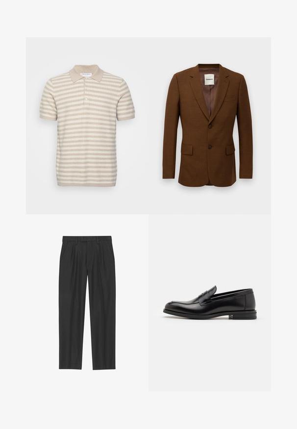 Ruskea räätälöity bleiseri, jossa on terävät läpät, kaksi nappia, läpälliset taskut ja rintatasku, jonka sisäpuolella on merkintä "Sandro".; Beige polo-paita, jossa on vaaleanruskeat raidat, lyhyet hihat ja kaulus. Ominaisuuksiin kuuluu kolmipainikkeinen nappilistaja pehmeä, tekstuurinen kangas.; Mustat pleated-housut, jotka on valmistettu sileästä kankaasta; niissä on vyötärö, jossa on vyölenkit, ja suora lahkeensuukko. Minimalistinen muotoilu ilman kuvioita.; Mustat nahkakengät, joissa on sileä pinta, pyöreä kärki ja koristeellinen nauha jalkapöydän yli. Matala pinoitu koroke, minimalistinen muotoilu.