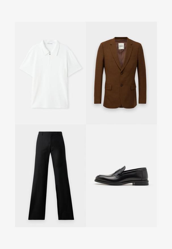 Hnědý přizpůsobený blejzr s klopami ve tvaru notche, dvěma knoflíky, klopovými kapsami a kapsou na hrudi, označený "Sandro" uvnitř límce.; Bílá polo košile s krátkým rukávem, texturovaná tkanina, límec a zip vpředu, označená Tiger of Sweden.; Černé široké kalhoty vyrobené z hladkého materiálu. Mají středně vysoký pas a přední sklady, které nabízejí upravený siluetu.; Černé kožené polobotky s hladkou texturou, zaoblenou špičkou a zdobným páskem přes nárt. Nízký stohovaný podpatek, minimalistický design.