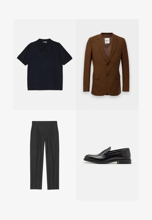 Brauner taillierter Blazer mit Reverskragen, zwei Knöpfen, aufgesetzten Taschen und einer Brusttasche, mit dem Etikett "Sandro" im Kragen.; Schwarzes Kurzarm-Polohemd aus weichem, leichtem Stoff. Verfügt über einen klassischen Kragen und einen vorderen Knopfverschluss.; Schwarze, plissee Hosen aus einem glatten Stoff; mit einem Bund und Gürtelschlaufen sowie geradem Beinausschnitt. Minimalistisches Design ohne Muster.; Schwarze Lederloafers mit glatter Textur, rundem Zehenbereich und einem dekorativen Riemen über dem Vorderfuß. Niedriger, gestapelter Absatz, minimalistisches Design.