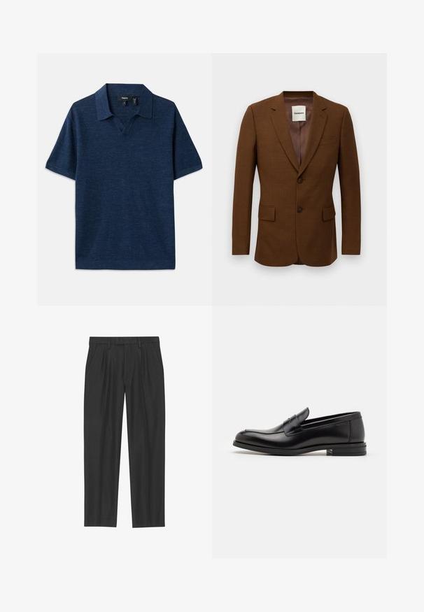 Ruskea räätälöity bleiseri, jossa on terävät läpät, kaksi nappia, läpälliset taskut ja rintatasku, jonka sisäpuolella on merkintä "Sandro".; Laivaston sininen polo-paita, jossa on lyhyet hihat, v-pääntie, teksturoitu kangas ja litteä kaulus. Sisältää hienovaraisen kuosin läpi.; Mustat pleated-housut, jotka on valmistettu sileästä kankaasta; niissä on vyötärö, jossa on vyölenkit, ja suora lahkeensuukko. Minimalistinen muotoilu ilman kuvioita.; Mustat nahkakengät, joissa on sileä pinta, pyöreä kärki ja koristeellinen nauha jalkapöydän yli. Matala pinoitu koroke, minimalistinen muotoilu.