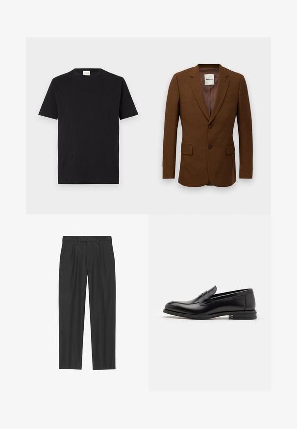 Brown tailored blazer with notch lapels, two buttons, flap pockets, and a chest welt pocket, labeled "Sandro" inside collar.; Black cotton t-shirt with a crew neckline and short sleeves. Features a straight cut and minimal design, with a tag visible at the collar.; Black pleated trousers made from a smooth fabric; features a waistband with belt loops and a straight-leg cut. Minimalist design with no patterns.; Black leather loafers with a smooth texture, rounded toe, and a decorative strap across the vamp. Low stacked heel, minimalist design.