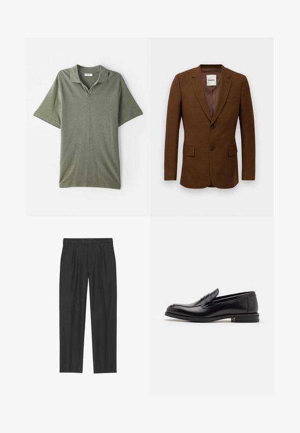 Brun skræddersyet blazer med notch-lapper, to knapper, klaplommer og en brystlomme, mærket "Sandro" inden i kraven.; Olivengrønt kortærmet polo-shirt med krave og struktureret stof. Har en V-formet åbning og en afslappet pasform.; Sorte plisserede bukser lavet af et glat stof; har en talje med bæltesløjfer og en lige benpasform. Minimalistisk design uden mønstre.; Sorte læderloafers med en glat overflade, rund tå og en dekorativ strop over vampen. Lav hæl med stabeldesign, minimalistisk stil.