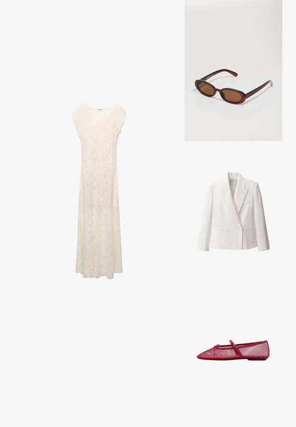 Weißes zweireihiges Sakko aus glattem Stoff, mit Reverskragen, zwei frontalen Taschen und einer einzelnen Brusttasche.; Maxikleid aus Spitze in Off-White mit lockerer Passform, Kurzärmeln und floralem Muster. Der Stoff ist halbtransparent und hat eine fließende Silhouette.; Rote Netz-Ballerinas mit spitzem Zehenbereich, ausgestattet mit einem dünnen Riemen und Schnallen-Detail. Das Obermaterial hat ein offenes Wabenmuster.; Runde, braun getönte Sonnenbrillen mit einem glänzenden burgunderfarbenen Rahmen. Schlanke Bügel mit dezentem Branding. Flaches Linsendesign.; Tasche aus braunem Leder mit zwei oberen Tragegriffen, verstellbarem Schultergurt, goldenen Hardware-Akzenten und rechteckiger Form. Verfügt über ein Markenemblem.