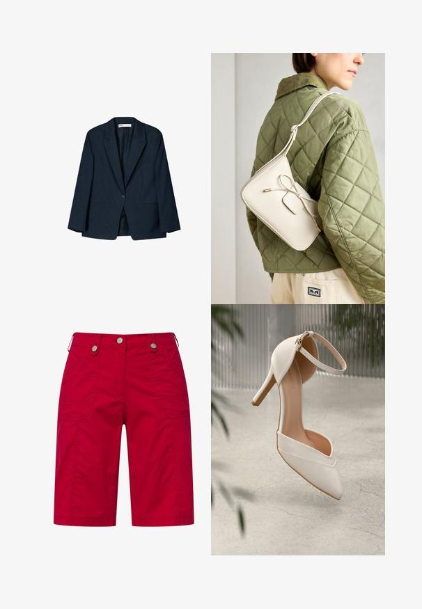 Navy raidoitettu bleiseri pehmeästä kankaasta, jonka etuosassa on yksi nappi, huolittel lapelit ja etutaskut. Klassinen muotoilu kauluksella.; Valkoinen hihaton crop-top, jossa on syvä V-kaula-aukko, valmistettu sileästä kankaasta ja jossa on yksinkertainen, minimalistinen leikkaus.; Punaiset cargo-shortsit, jotka on valmistettu puuvillasta, kahdella sivutaskulla, koristeompeleet ja hopeiset nappisulkimet vyötäröllä.; Valkoinen korkokenkä sileästä materiaalista, jossa on terävä kärki ja nilkkahihna. Sisäosa on vaaleanruskea, ja siinä on kultasävyinen koriste.; Beige nahka-olkalaukku, jossa on nauhakiinnitys, kultaiset yksityiskohdat ja yksi säädettävä hihna, joka on puettu vihreän tikatun takin päälle.