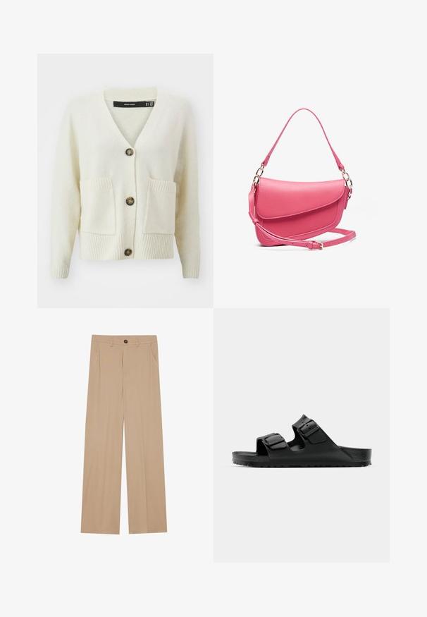 Harmaa bleiseri, joka on valmistettu sileästä kankaasta, jossa on yksi musta nappi, viistetty kaulus, kaksi etutaskua ja satiinipintainen vuori.; Vero Moda vaalea neuletakki, jossa on V-pääntie, kolme nappia, teksturoitu kangas ja kaksi etutaskua, joissa on ribatulla reunalla varustetut hihat ja helma.; Kolme hihattomia villapaitaa kerma, harmaa ja musta. Jokaisessa on ribbpattu kaula-aukko ja helma, ja ne on valmistettu pehmeästä neulomateriaalista.; Vaaleat leveät housut, joissa on sileä pinta, kahdella sivutaskulla, edessä nappikiinnitys ja hienovaraisia poimuja lisäyksinä.; Mustat kumiset sandaalit, joissa on kaksi säädettävää hihnaa, teksturoitu pohja ja paksu uritettu pohja, minimalistisella muotoilulla.; Vaaleanpunainen nahkainen laukku, jossa on rakenteellinen muoto, varustettuna läppäkiinnityksellä, säädettävällä hihnalla ja kultaisilla yksityiskohdilla. Rakenteellinen pinta.