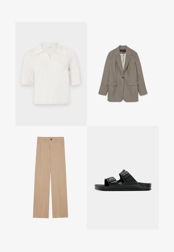 Giacca grigia realizzata in tessuto liscio con un'unico bottone nero, rever a spillo, due tasche frontali e un rivestimento in satin.; Polo a maniche corte, di colore bianco, lavorato a maglia con un motivo a rombi, dotato di colletto classico e polsini e orlo a coste.; Pantaloni beige a gamba larga con una texture liscia, caratterizzati da due tasche laterali, una chiusura frontale con bottone e pieghe sottili per un tocco di dettaglio.; Sandali in gomma nera con due cinturini regolabili, soletta testurizzata e suola spessa con battistrada, caratterizzati da un design minimale.