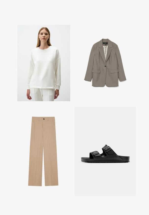 Grijze blazer van gladde stof met een enkele zwarte knoop, notch revers, twee voorkant zakken en een satijnen voering.; Witte sweatshirt met ronde hals, lange mouwen, een relaxte pasvorm en geribde manchetten en zoom. Soepele textuur en minimalistisch ontwerp.; Beige wijde broek met een gladde textuur, voorzien van twee zijzakken, een frontale knoopsluiting en subtiele plooien voor een extra detail.; Zwarte rubberen sandalen met twee verstelbare banden, een gestructureerde voetbed en een dikke, geribbelde zool, met een minimalistisch ontwerp.