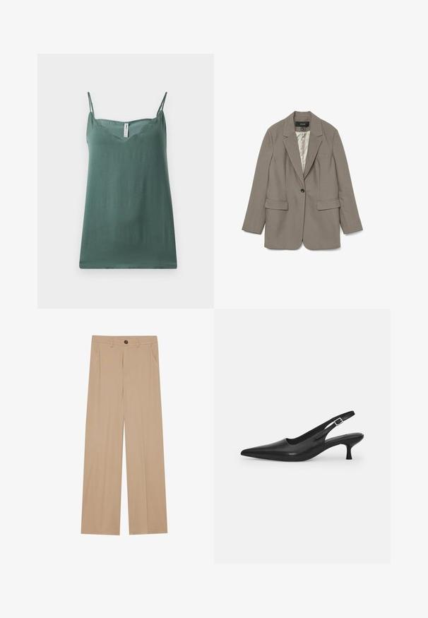 Gray blazer made of smooth fabric with a single black button, notch lapel, two front pockets, and a satin finish lining.; Green sleeveless top with thin adjustable straps, a V-neckline, smooth texture, and a relaxed fit, made from lightweight fabric.; Beige wide-leg pants with a smooth texture, featuring two side pockets, a front button closure, and subtle pleats for added detail.; Black leather slingback shoe with a pointed toe and a slim, curved heel. Features a discrete adjustable strap with a metal buckle.