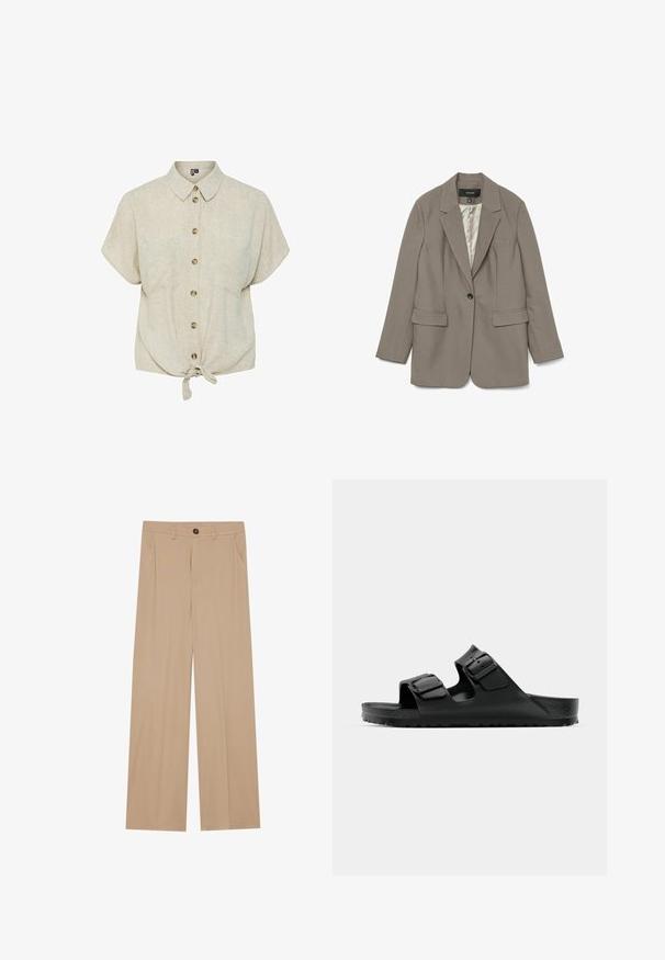 Hallide hall mustriga greit jakke, millel on üks must nupp, lõikega krae, kaks esitaskut ja satiinviimistlusega vooder.; Helebeige lühikeste varrukatega nööbiga särk, mis on valmistatud tekstureeritud kangast, esitades ees seotud osa, ümmarguse alumise ääre ja pruunid nööbid.; Bežid laiendid püksid sujuva tekstuuriga, millel on kaks küljetaskut, eesmine nup closure ning peened voldid lisadetailiks.; Mustad musta kummist sandaalid, millel on kaks reguleeritavat rihma, tekstuuriga tallad ja paks, mustrid jalg, omamoodi minimalistlik disain.