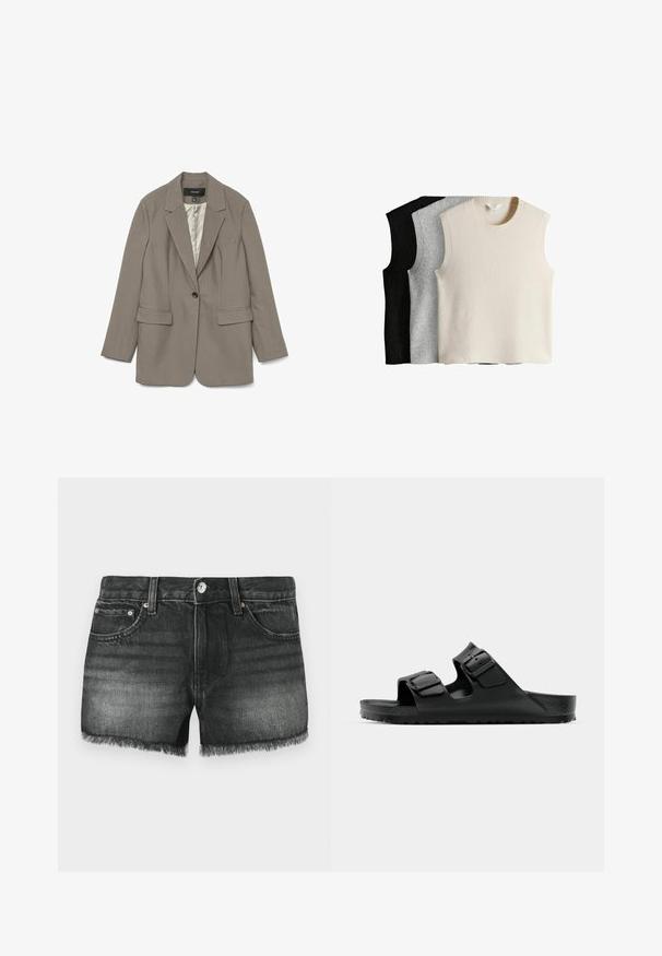Siv blazer iz gladkega materiala z enim črnimi gumbi, s pokrovnim ovratnikom, dvema sprednjima žepoma in satenskim podlogom.; Tri brezrokavniki v krema, sivi in črni barvi. Vsak ima rebrast izrez in rob, narejen iz mehkega pletenega materiala.; Črne jeans kratke hlače s raztrganim robom, petimi žepi in bakrenim okovjem. Zbledele površine se ponašajo z nežno strukturo in klasičnim dizajnom.; Črne gumijaste sandale z dvema nastavljivima trakoma, teksturirano podplatom in debelim podplatom z gumo, ki se ponašajo z minimalističnim oblikovanjem.