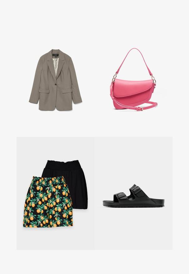 Grå blazer lavet af glat stof med en enkelt sort knap, spids krave, to forlommer og foer i satin.; Tre ærmeløse sweatere i creme, grå og sort. Hver har en ribbet halsudskæring og kant, lavet af blødt strikmateriale.; Sorte og mønstrede shorts; sort par med en glat tekstur, orange mønstret par med grønne blade og lyse orange frugter.; Sorte gummisandaler med to justerbare stropper, tekstureret fodseng og en tyk, mønstret sål, med et minimalistisk design.; Rosa lædertaske med en struktureret form, der har en klaplukning, justerbar rem og hardware i guld-tone. Tekstureret overflade.