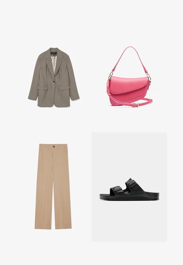 Blazer gris de tela suave con un solo botón negro, solapa de muesca, dos bolsillos frontales y forro de satén.; Tres sudaderas sin mangas en crema, gris y negro. Cada una presenta un cuello y un dobladillo acanalados, fabricadas con un material de punto suave.; Pantalones de pierna ancha color beige con una textura suave, que presentan dos bolsillos laterales, un cierre con botón en la parte delantera y pliegues sutiles para un detalle adicional.; Sandalias de goma negras con dos correas ajustables, plantilla texturizada y suela gruesa con relieve, que presentan un diseño minimalista.; Bolso de mano de cuero rosa con una forma estructurada, que cuenta con un cierre tipo solapa, correa ajustable y acentos de hardware en tono dorado. Superficie texturizada.