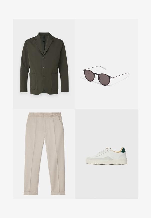 Olive green blazer made from smooth fabric, featuring a notched lapel, two front pockets, and three black buttons down the front.; Long-sleeve blue polo sweater with a collar, three button placket, and ribbed cuffs and hem. Made from a soft knit fabric.; Filippa K TERRY CROPPED TROUSERS - Trousers - sage melange; White sneaker with suede accents, rounded toe, flat laces, and a cream rubber sole. Features green branding on the heel.; Black round sunglasses with dark lenses and slim metal arms. Includes clear temple tips and silver accents at the hinge. Minimalist design.