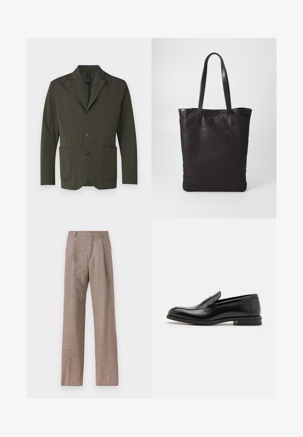 Olivgrüner Blazer aus glattem Stoff, mit Reverskragen, zwei vorderen Taschen und drei schwarzen Knöpfen auf der Vorderseite.; Weißes Langarm-Hemd mit Knöpfen aus Baumwolle, ausgestattet mit einer Brusttasche mit tonalem Stickerei, einem Kragen und Knopfmanschetten.; Braune, hochtaillierte Hose aus strukturiertem Stoff. Mit weitem Bein und zwei vorderen Bügelfalten für zusätzliche Form. Saubere Verarbeitung ohne sichtbare Hardware.; Schwarze Lederloafers mit glatter Textur, rundem Zehenbereich und einem dekorativen Riemen über dem Vorderfuß. Niedriger, gestapelter Absatz, minimalistisches Design.; Schwarze Stofftote mit schwarzen Ledergriffen. Einfaches Design, geräumiger Körper und glatte Textur. Keine sichtbaren Logos oder Muster.
