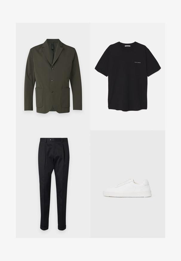 Olivenfarget blazer laget av glatt stoff, med skrå lapel, to frontlommer og tre svarte knapper foran.; Svart bomull T-skjorte med rund hals, korte ermer, og hvit logo trykk på venstre bryst. Enkel, ensfarget design.; Sorte bukser laget av et glatt stoff, med en fold foran, knappelukking, og oppbrettede mansjetter ved ankelen.; Hvit sneaker med en glatt skinnoverdel, avrundet tå, snøring, teksturerte sideakenter og en tykkgummisåle. Minimalistisk design.