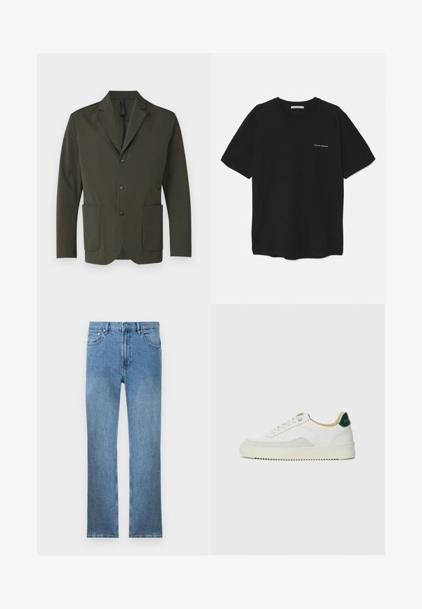 Olivgrüner Blazer aus glattem Stoff, mit Reverskragen, zwei vorderen Taschen und drei schwarzen Knöpfen auf der Vorderseite.; Schwarzes Baumwoll-T-Shirt mit Rundhalsausschnitt, kurzen Ärmeln und weißem Logodruck auf der linken Brust. Einfaches, einfarbiges Design.; Hellblaue Jeans aus Denim mit geradem Schnitt, fünf Taschen, einem Reißverschluss und kontrastierender Naht. Der Stoff hat eine glatte, strukturierte Oberfläche.; Weiße Sneaker mit Wildlederelementen, runder Zehenpartie, flachen Schnürsenkeln und einer cremefarbenen Gummisohle. Mit grünen Markenlogo am Fersenbereich.