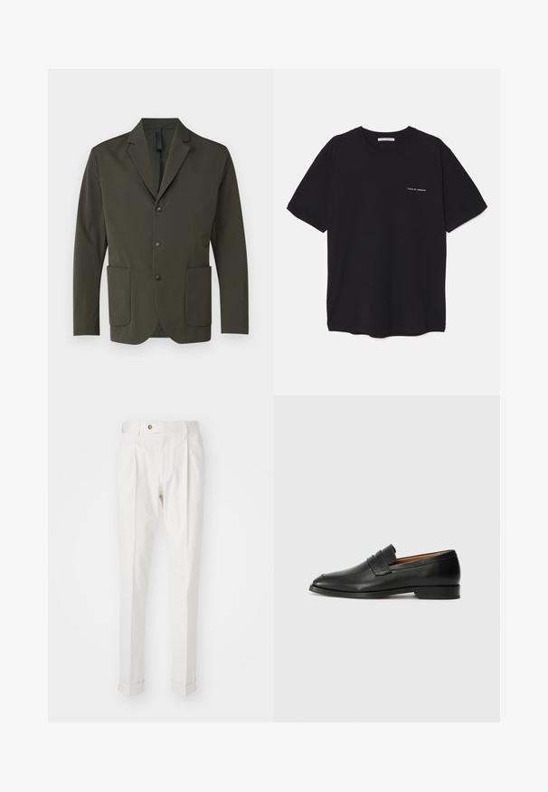 Olivno zelena blejzer, izdelan iz gladkega materiala, z obloženimi klapnicami, dvema sprednjima žepoma in tremi črnimi gumbi spredaj.; Črna bombažna majica s kratkimi rokavi in okroglim ovratnikom, z belim logotipom natisnjenim na levi prsni strani. Preprost, enobarven dizajn.; Bela, krojena hlače z ravnim sprednjim delom, dvema naborkoma in zavitki. Narejene iz gladkega materiala z gumbom za zapiranje v pasu.; Črne usnjene loferice z zaobljenim prstom, subtilnim šivanjem in nizkim petam, ki se odlikujejo po gladki teksturi in minimalističnem oblikovanju.