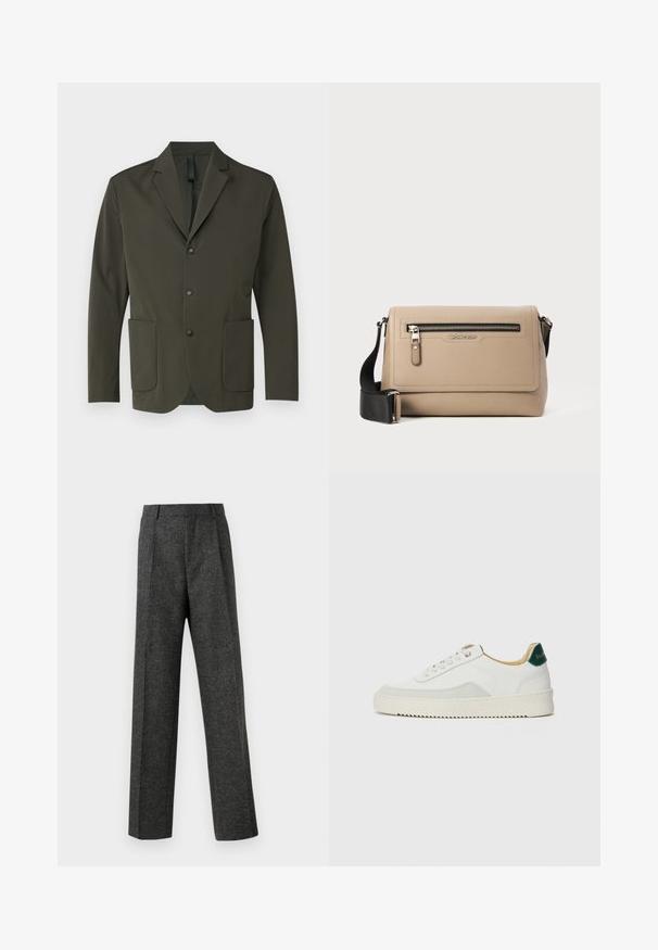 Olijfgroene blazer gemaakt van een soepele stof, met een notch-lapel, twee voorzakken en drie zwarte knopen aan de voorkant.; Zwarte katoenen T-shirt met een ronde hals, korte mouwen en een witte logo-print op de linkerkant van de borst. Eenvoudig, effen kleur ontwerp.; Grijze op maat gemaakte broek van gestructureerde stof, met twee voorplooien en een rechte pijp. Geen zichtbare zakken of versieringen.; Witte sneaker met suède accenten, ronde neus, platte veters en een crème rubberen zool. Bevat groene branding op de hiel.; Beige leren schoudertas met een gestructureerde afwerking, voorzien van een zak met rits aan de voorkant en een verstelbare zwarte schouderriem. Logo aan de voorkant weergegeven.