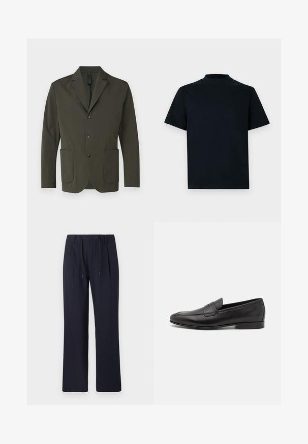 Olivengrøn blazer lavet af glat stof, med klapkrave, to frontlommer og tre sorte knapper foran.; Kortærmet t-shirt i ensfarvet sort med høj halsudskæring. Fremstillet af glat stof, har et minimalistisk design og diskret branding på brystet.; Marineblå bukser med lige ben-design, fremstillet af struktureret stof. Har en frontlukning med knap og en justerbar snøring i taljen.; Sort læder herre loafers med lav hæl og et klassisk penny strap design, vist i sideprofil på en hvid baggrund.