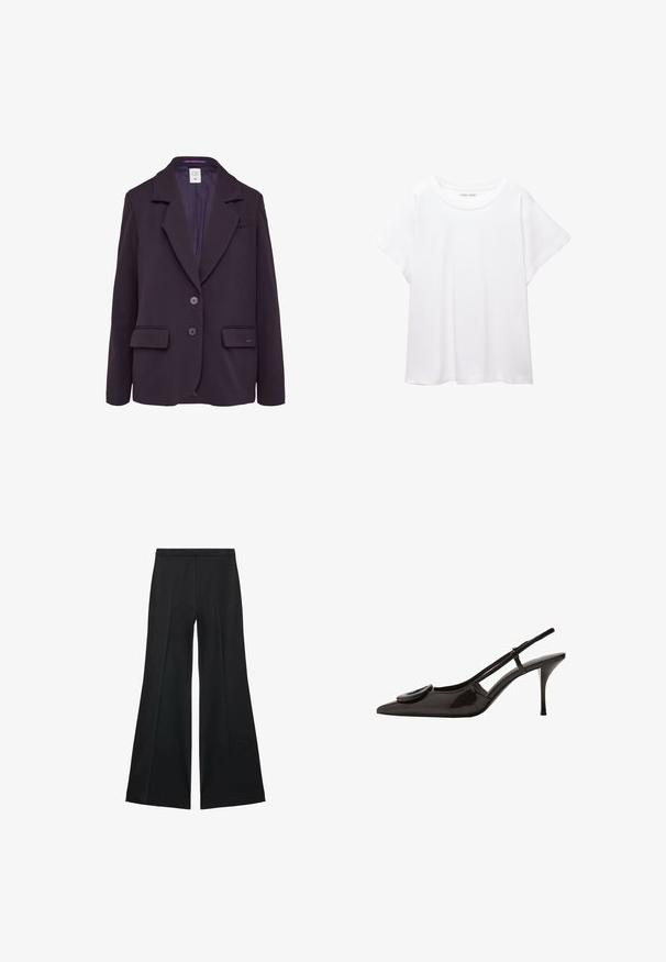 Dunkelvioletter Blazer aus strukturiertem Stoff, mit Reverskragen, zwei vorderen Taschen und drei Knöpfen auf der Vorderseite.; Weißes T-Shirt aus weichem, leichtem Stoff. Mit runder Halslinie und kurzen, weit geschnittenen Ärmeln für einen lässigen Sitz. Keine sichtbaren Muster.; Schwarze weit geschnittene Hose mit glatter Textur, ausgestattet mit Frontfalten und einem taillierten Design. Der Stoff ist leicht und fließend.; Schwarzer Lackleder-Slingback-Schuh mit spitzem Zehenbereich, minimalistischem Design, kleinem kreisförmigem Akzent auf dem Schuhoberteil und schlankem Absatz.