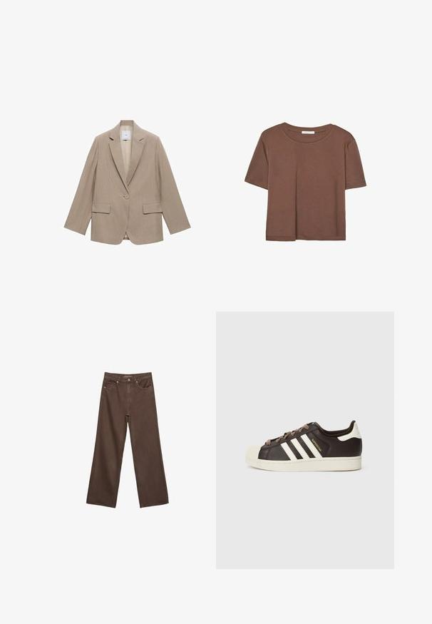 Béžový blazar s proužky, dlouhými rukávy, klopami s výstřihem do V, jedním zapínáním na knoflík a dvěma předními nakládanými kapsami. Hladká textura.; Hnědé tričko s krátkým rukávem vyrobené z měkké látky, s kulatým výstřihem a volným střihem. Bez viditelných vzorů nebo dekorací.; Hnědé džíny s širokými nohavicemi vyrobené z denimu, s vysokým pasem, předními kapsami a klasickým zapínáním na knoflík. Hladká textura s jemným švem.; Nízký teniska Adidas Superstar z tmavě hnědé kůže s krémovou špičkou, bílými pruhy a nápisem "Superstar" na boku.