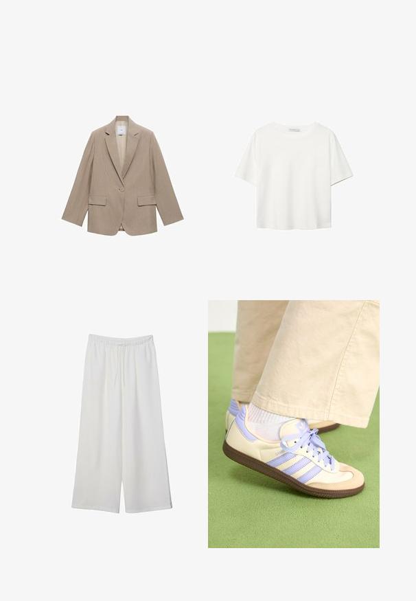 Beige blazer med ränder, lång ärm, utskurna slag, en enkel knapstängning och två framfickor. Slät textur.; Vit t-shirt med kort ärm i bomull. Har en rundad halsringning och en avslappnad passform. Slät textur utan synliga mönster eller detaljer.; Vita vida byxor i lätt tyg med elastisk midja och dragsko för justerbar passform. Mjuk textur.; Krämfärgade och lavendelfärgade sneakers med tre ränder och en texturerad brun sula, med snören och en vadderad häl. Mjuk tygobero.