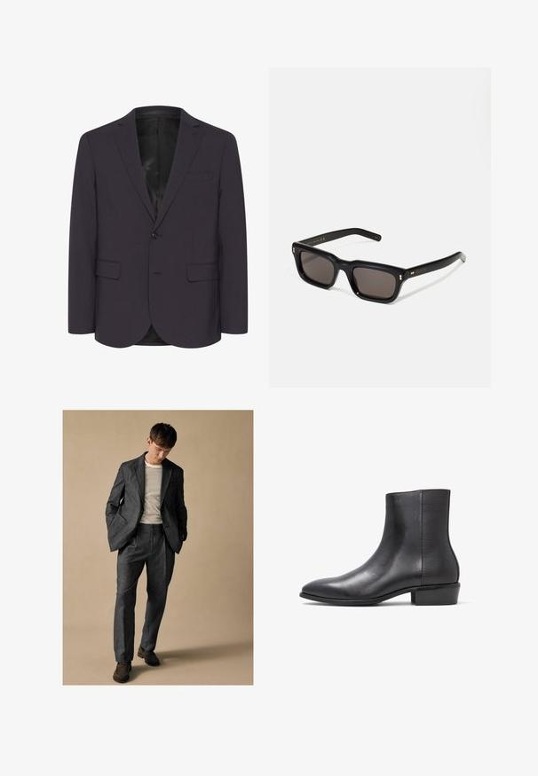 Ciemnofioletowy żakiet wykonany z teksturowanej tkaniny, z pojedynczym zapięciem na guzik, dwoma przednimi kieszeniami i klapami w kształcie notcha.; Szara koszula z długim rękawem, zapinana na guziki, z kieszenią na piersi i kołnierzykiem zapinanym na guziki, rozłożona na białym tle.; Szary dobrze dopasowany garnitur z klapami w kształcie notcha i przednimi kieszeniami, zestawiony z koszulą w paski. Spodnie mają luźny krój i detal w postaci zakładki. Brązowe buty.; ALDO AMUR czarny; Czarne prostokątne okulary przeciwsłoneczne z ciemnymi soczewkami, grubą plastikową oprawą, złotymi akcentami na zausznikach oraz wygrawerowanym logo marki na ramieniu.