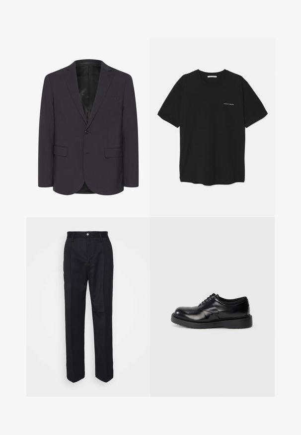 Tamsiai violetinė švarkas, pagamintas iš tekstūruotos medžiagos, su vienu mygtuku, dviem priekinėmis kišenėmis ir išpjovimu ant apykaklės.; Juoda medvilninė marškinėlė su apykakle, trumpomis rankovėmis ir baltu logotipu kairėje krūtinės pusėje. Paprastas, vientisas spalvų dizainas.; Juodos pritaikytos kelnes su tiesiomis kojomis, pagamintos iš lygaus audinio, turinčios priekinį mygtuko užsegimą ir dvi šonines kišenes.; Juodas odinis batelis su raišteliais, apvaliu pirštu, lygiu paviršiumi ir storu guminio pado, kuriame yra subtilių griovelių, užtikrinančių sukibimą.