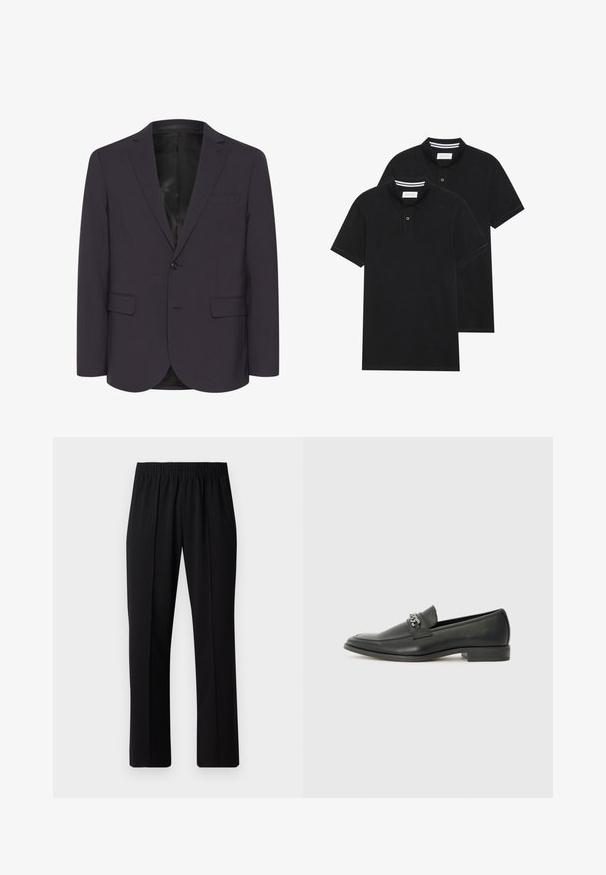 Donkerpaarse blazer gemaakt van een gestructureerde stof, met een enkele knoopsluiting, twee voorzakken en een notch revers ontwerp.; Twee zwarte polo shirts, met korte mouwen, van katoen, met een klassieke kraag, een knoopsluiting met twee knopen en witte gestreepte accenten aan de binnenkant van de kraag.; Zwarte, elastische broek met rechte pijpen, met een gladde textuur en zonder zichtbare patronen of hardware.; Zwarte leren instapper met een gladde afwerking, voorzien van een gestikt ontwerp en een decoratieve metalen kettingaccent over de wreef. Platte hak.