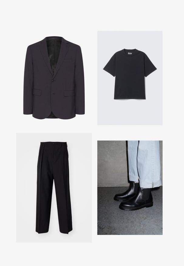 Blazer viola scuro realizzato in tessuto testurizzato, caratterizzato da una chiusura a singolo bottone, due tasche frontali e un design con rever a notches.; T-shirt in cotone nero con un classico collo a giro, maniche corte e vestibilità rilassata. Texture liscia con dettagli di cucitura minimi.; Pantaloni neri a pieghe con un design dritto e gamba larga. Realizzati in tessuto morbido, con chiusura a bottone e passanti per cintura.; Stivaletti Chelsea in pelle nera con pannelli laterali elasticizzati e suola in gomma testurizzata, abbinati a jeans in denim blu chiaro con risvolto.