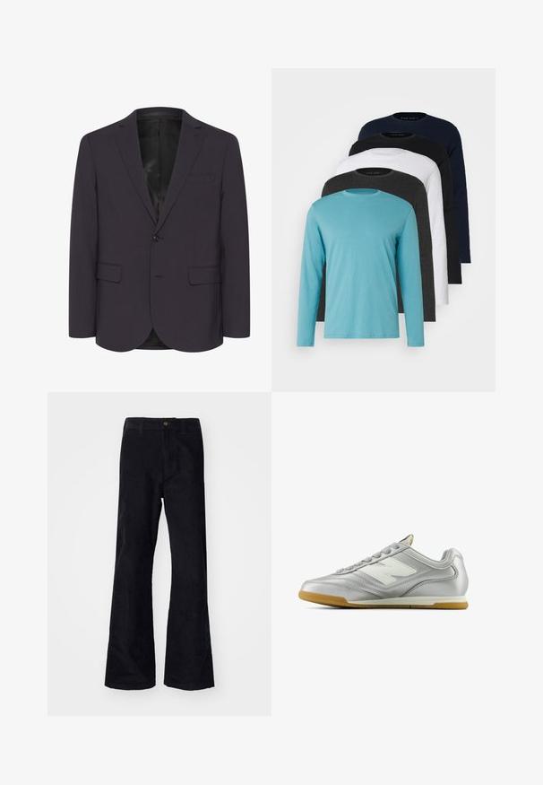 Tume lilla bleiser, mis on valmistatud tekstuuriga kangast, omab ühte nupuvajutust, kahte esist kotti ja sälguga krae disaini.; Viis pika varrukaga T-särki reas: türkiissinine, must, valge, tumehall ja marineeritud sinine. Pehme kangas, ümmargune kaelus ja tavaline lõike.; Mustad mustad flared püksid traditsioonilise vöökoha, ühe esiknappi ja taskutega külgedel ja taga. Sile tekstuur.; Hõbedane spordijalats sileda, läikiva pinnaga, valge logo küljes, tekstuuriga hallid paelad ja kummist soe põhi.