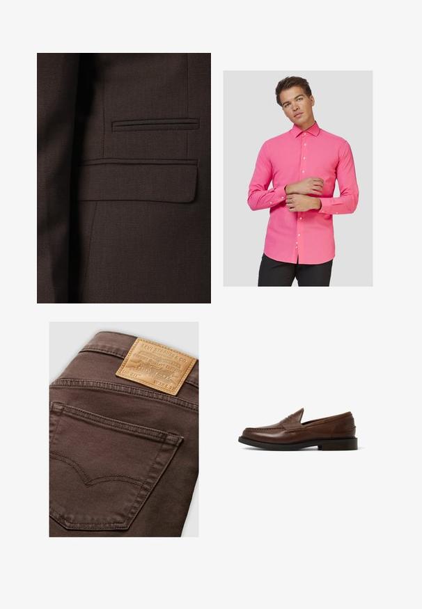Bruine colbertsjack met een geg textureerd stof en subtiele weefpatronen, met meerkleurige accenten en een enkele borstzak.; Roze langemouwoverhemd met een button-down kraag, met een slim fit, een gladde textuur en witte knopen aan de voorkant en de manchetten.; Kastanjebruine spijkerbroek van denim met een leren label met reliëftekst, een achterzak met een kenmerkend stikpatroon en een gladde textuur.; Bruine leren instappers met een rond teentje, inset stikdetails en een lage gestapelde hak. Glad textuur en minimalistisch ontwerp.
