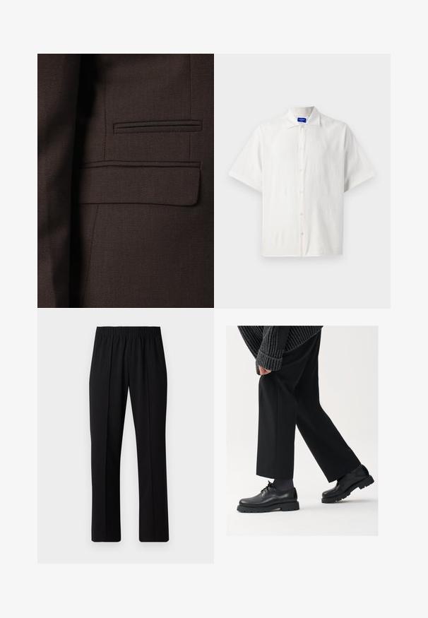 Barna zakó, amely texturált anyagból készült, finom szövési mintákkal, többszínű kiegészítőkkel és egyetlen mellzsebbel rendelkezik.; Rövid ujjú, fehér gombos ing, könnyű anyagból készült, klasszikus gallérral és finom textúrával. A gombok egyenletesen helyezkednek el.; Fekete, gumíros derekú nadrág egyenes szabással, sima felülettel, látható minták vagy fémrészek nélkül.; Fekete bőr cipők kerek orral, fűzős kialakítással és vastag, texturált talppal. Öltönyös fekete nadrággal és bordázott pulóverrel viselve.